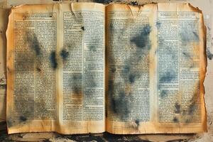 An aged, charred open book displaying yellowed pages with darkened text, evoking a sense of history and loss. photo