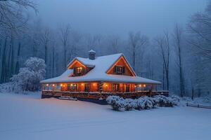 A cozy log cabin adorned with warm lights, nestled in a serene snowy landscape, creating a tranquil winter wonderland. photo