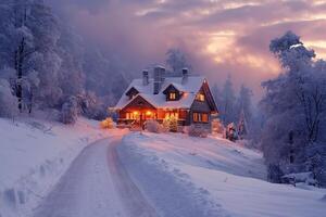 A cozy wooden house in a snowy landscape, radiating warmth with glowing lights as dusk settles over the winter wonderland. photo