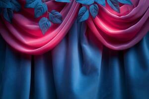 Elegant blue and pink curtains adorned with green foliage create a vibrant and inviting atmosphere. photo