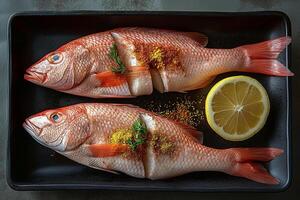 Two fresh red snapper fish prepared with spices and lemon slices on a black serving tray. photo