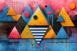 A vibrant abstract composition featuring colorful geometric shapes, including triangles and circles, enhancing a modern artistic vibe. photo