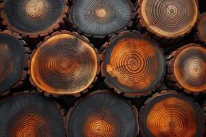 Close-up of beautifully polished wooden logs, showcasing intricate patterns and warm tones. photo