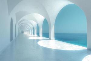 A serene hallway with arched windows overlooking a tranquil ocean, bathed in soft blue tones. photo