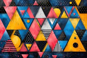 Vibrant geometric patterns featuring blue, yellow, red, and black triangles create a dynamic and modern abstract design. photo