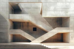 Abstract architectural design with angular concrete staircases and dramatic shadows, showcasing modern minimalism. photo