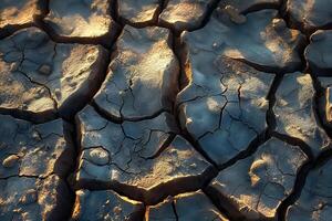 Close-up of cracked earth surface, showcasing patterns formed by drought and dryness. photo