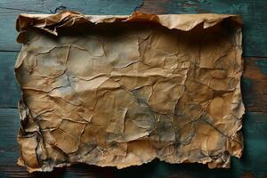 Wrinkled vintage paper on a rustic wooden background, showcasing its aged texture and creases. photo