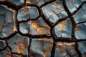 A close-up of cracked earth, showcasing intricate textures and hues of blue and brown. photo