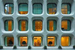 Modern architecture featuring a facade with rounded windows and warm interior lighting, creating an inviting urban atmosphere. photo