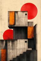 Abstract geometric architecture featuring bold colors and shapes, creating a striking visual contrast. photo