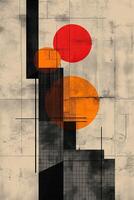 Abstract geometric art featuring bold circles in red and orange against a textured background, creating a modern aesthetic. photo