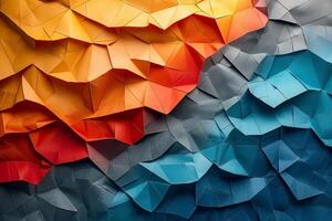 A vibrant abstract image featuring layers of folded paper in warm orange, red, and cool blue hues, creating a dynamic visual contrast. photo