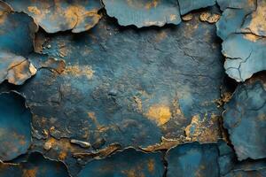 Textured abstract wall with peeling blue and gold layers, showcasing a rustic and artistic vibe. photo