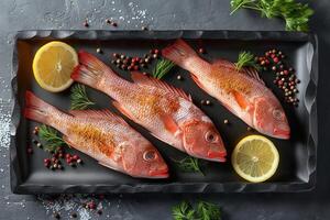 Three vibrant whole red snapper fish garnished with lemon slices and herbs on a black platter. photo