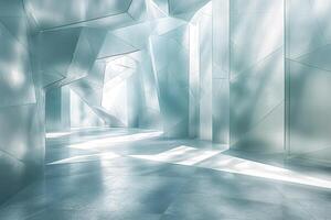 A modern, abstract interior with sharp, geometric shapes and a cool color palette creating a serene atmosphere. photo
