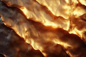 Abstract close-up of shimmering golden and black textures, showcasing a dramatic interplay of light and shadows. photo
