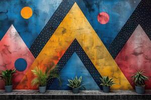 Vibrant geometric mural with colorful patterns and potted plants creating a lively urban atmosphere. photo