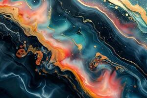 Abstract fluid art showcasing vibrant colors in a cosmic swirl of blues, reds, and golds. photo