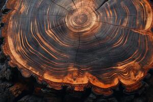 Close-up of a tree stump with intricate grain patterns, showcasing warm tones and textures. A slice of nature's art. photo