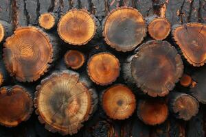 A captivating arrangement of cross-sections of tree trunks showcasing intricate patterns. photo