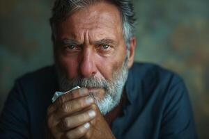 Close-up of a contemplative older man with a gray beard and intense gaze, showcasing deep emotions in a soft light setting. photo
