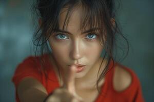 A young Asian woman with striking blue eyes gestures with her finger, conveying a sense of urgency and focus in a soft, muted backdrop. photo