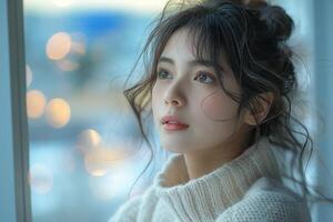 A contemplative young woman gazes out the window, bathed in soft, warm light with a cozy sweater on, capturing a moment of serenity. photo