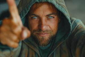 A confident Caucasian male with striking blue eyes and a beard, playfully pointing towards the camera while wearing a hooded sweatshirt. photo