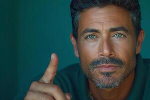 A Middle-Eastern man with striking green eyes gestures confidently, exuding charisma and focus in a muted green setting. photo