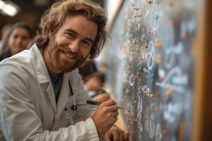 Smiling male scientist with wavy hair, wearing a white coat, actively engages in teaching at a blackboard filled with colorful drawings. photo