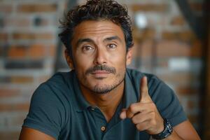 A confident Middle-Eastern man in a polo shirt gestures while giving advice, surrounded by a warm, rustic environment. photo