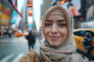A joyful woman in a hijab smiles in Times Square, capturing the vibrant city energy. photo