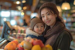 A young Asian woman lovingly holds a toddler in a cozy grocery store, surrounded by colorful fruits. photo