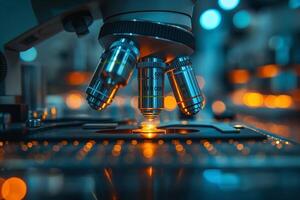 Close-up of a microscope focusing on a specimen with warm bokeh lights in the background, creating a scientific atmosphere. photo