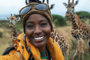 A cheerful Black woman with a vibrant jacket enjoying a close encounter with giraffes in a natural setting. photo