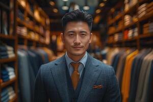 A stylish Asian man in a tailored suit stands confidently in a sophisticated clothing store, exuding elegance and charm. photo