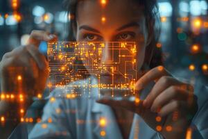 A focused female scientist examines a translucent circuit board illuminated with vibrant orange lights. photo