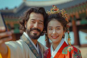 A happy couple in traditional Korean attire takes a selfie in front of historic architecture. The man has a beard, and both are beaming. photo