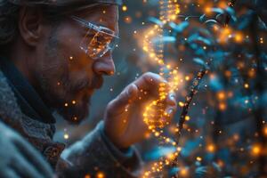 A thoughtful Caucasian man examines nature with a dreamy expression, surrounded by magical sparkles in a serene, soft-lit environment. photo