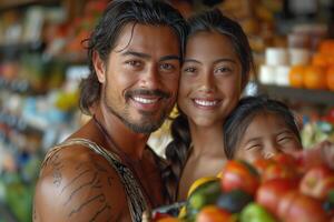 A joyful family trio at a vibrant market, showcasing a father and his two daughters with a basket of fresh fruits. photo