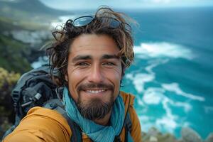 Smiling young man with a beard and wavy hair, wearing hiking gear, enjoying a coastal view. photo