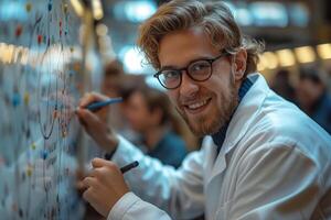 A smiling young Caucasian male scientist in a lab coat writing on a whiteboard filled with research notes. photo