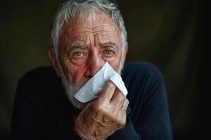 An elderly Caucasian man with a distressed expression wiping his face with a tissue, showcasing deep emotions. photo