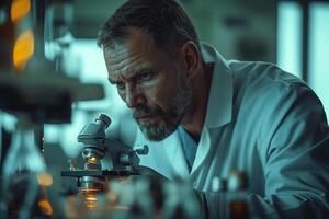 Focused male scientist with a beard examines samples under a microscope in a modern lab. photo