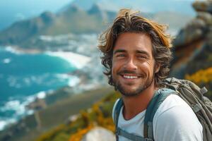 Smiling man in his 30s, with wavy brown hair, enjoying a scenic mountain view during a hike. photo