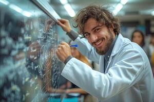 Enthusiastic male scientist passionately explaining concepts on a chalkboard in a classroom setting. photo