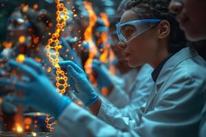 A focused young Black woman scientist examines a digital DNA structure in a lab setting, embodying innovation and discovery. photo