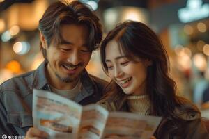 A happy couple, an Asian man and woman, sharing a joyful moment while looking at a menu in a cozy, illuminated setting. photo