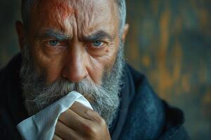 Intense elderly man with a gray beard deep in thought, reflecting resilience and wisdom against a textured background. photo